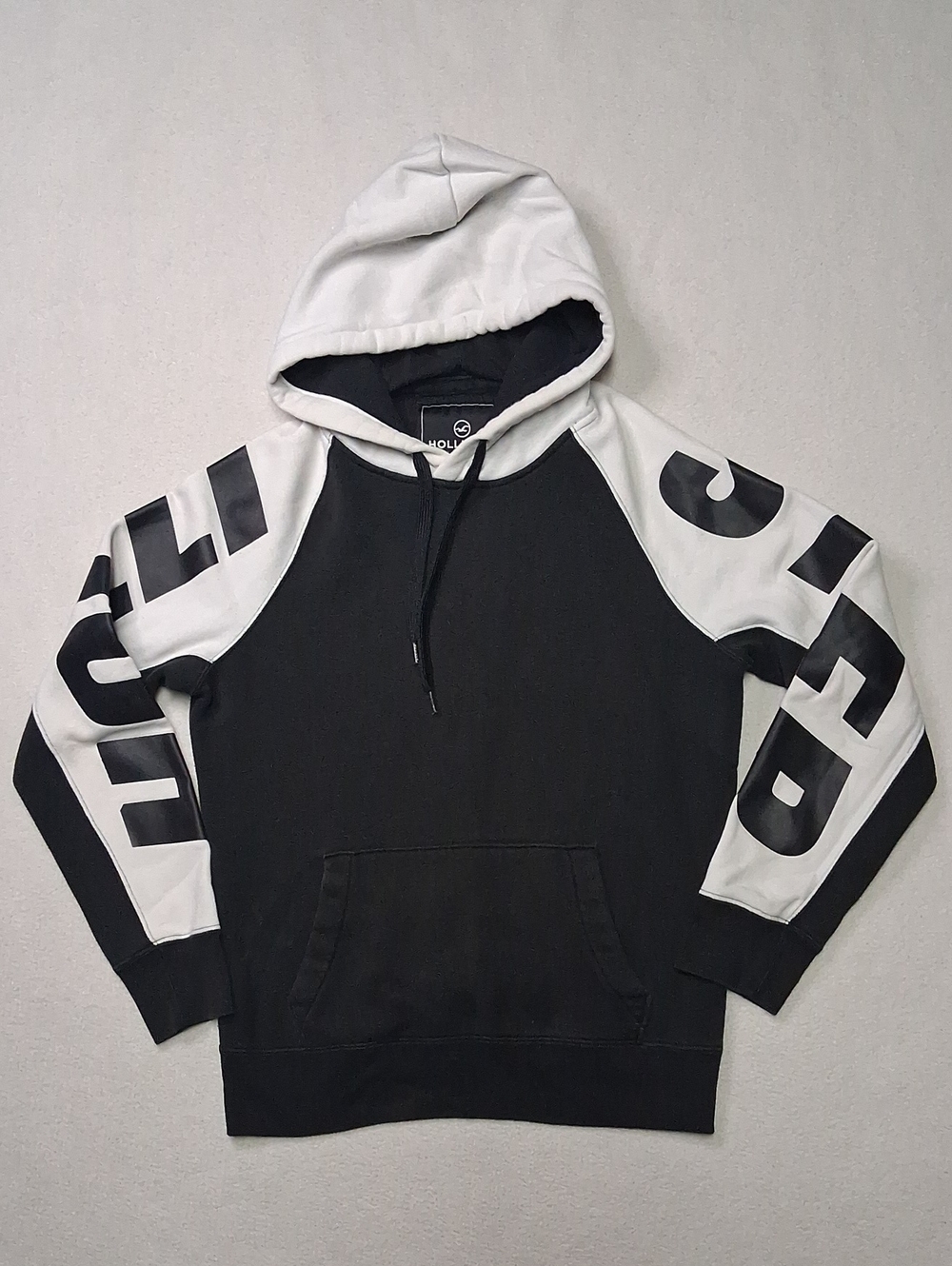 Hollister Black and White Raglan Hoodie with Sleeve Graphic